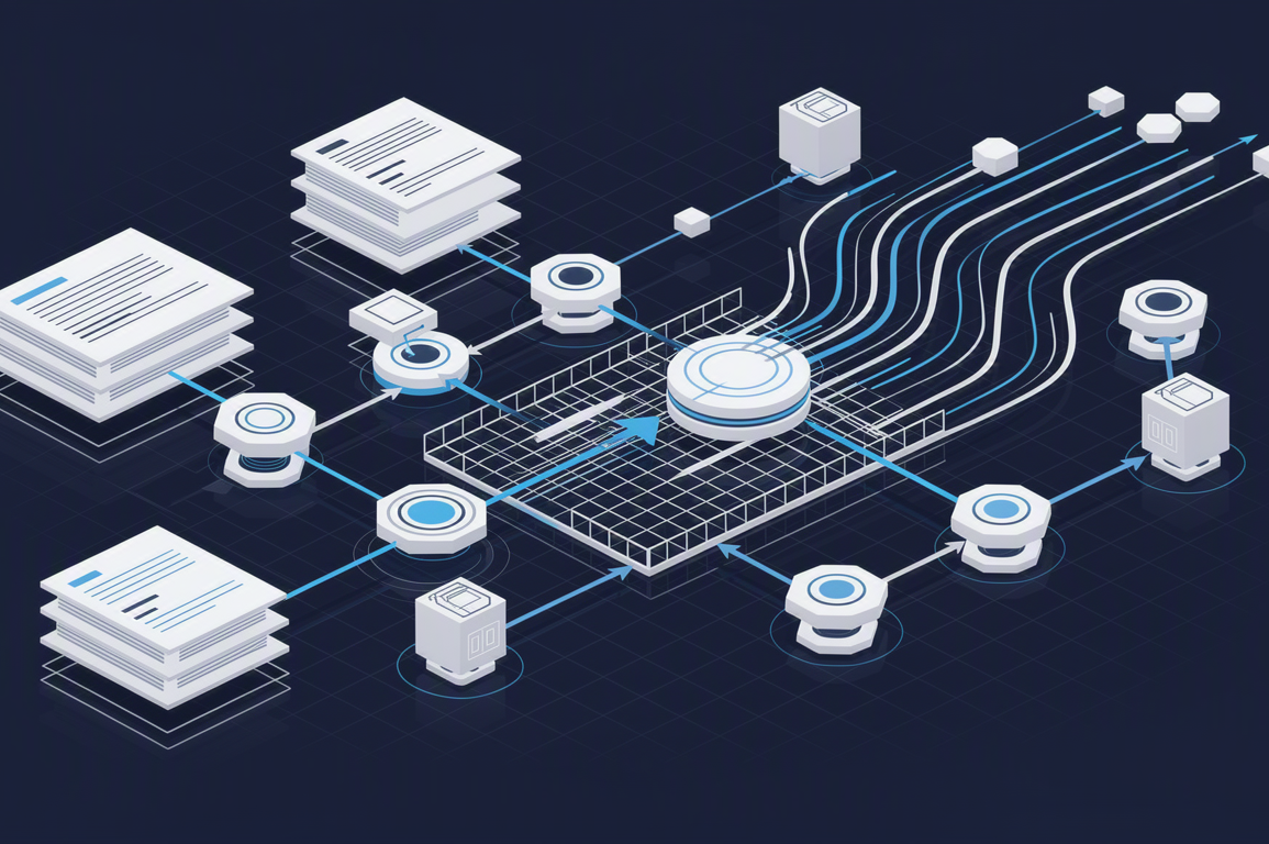 Abstract illustration of AI compliance systems showing interconnected regulatory frameworks and automated documentation workflows