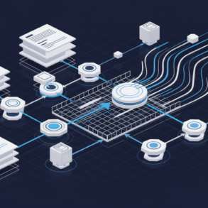 Abstract illustration of AI compliance systems showing interconnected regulatory frameworks and automated documentation workflows