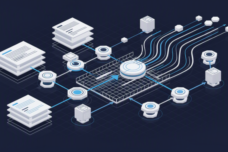 Abstract illustration of AI compliance systems showing interconnected regulatory frameworks and automated documentation workflows