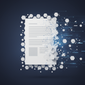 Abstract illustration of a business document fragmenting into geometric shapes, representing AI-generated report errors and hallucinations
