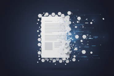 Abstract illustration of a business document fragmenting into geometric shapes, representing AI-generated report errors and hallucinations
