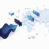 Abstract illustration of sound waves connecting to global communication network representing speech AI technology