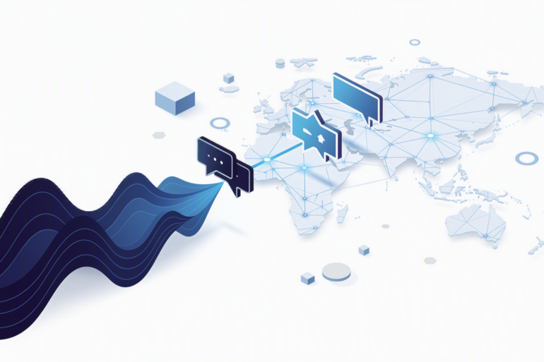 Abstract illustration of sound waves connecting to global communication network representing speech AI technology