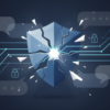 Abstract illustration depicting security breach in AI chatbot system with fragmented shield and intercepted data flows