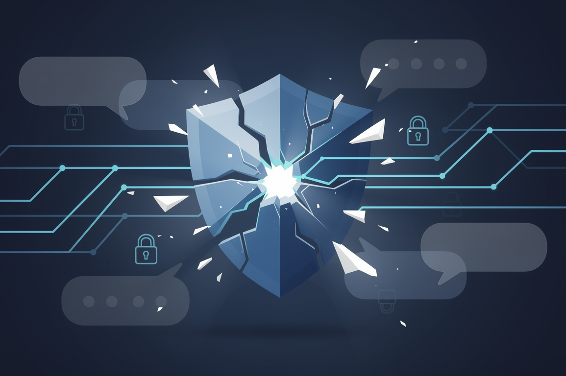 Abstract illustration depicting security breach in AI chatbot system with fragmented shield and intercepted data flows