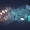 Abstract illustration depicting the transition from human to AI-powered content moderation systems with geometric shapes and neural network patterns