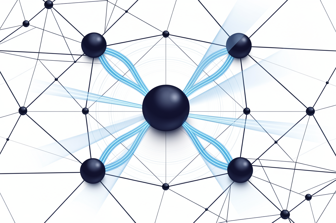 Abstract illustration of interconnected network nodes with search pathways representing Meta's AI-powered search across social platforms