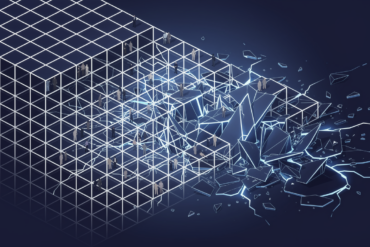 Editorial illustration depicting fragmented organisational structure with human figures in compartmentalised grid system