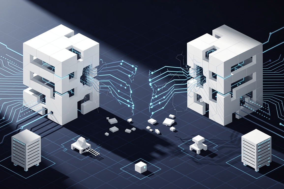 Abstract geometric illustration depicting corporate separation and regulatory intervention in technology acquisition