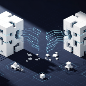 Abstract geometric illustration depicting corporate separation and regulatory intervention in technology acquisition