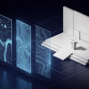 Abstract illustration of Microsoft Build conference technology announcements featuring geometric shapes and data visualisation elements