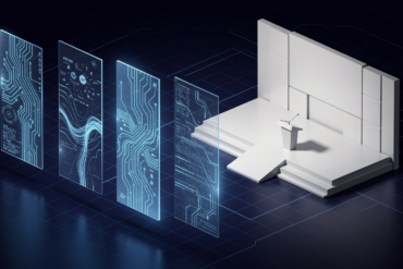 Abstract illustration of Microsoft Build conference technology announcements featuring geometric shapes and data visualisation elements