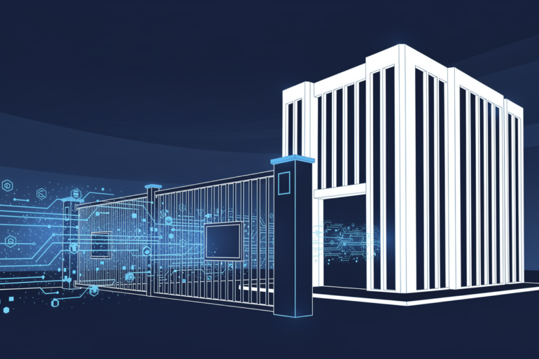 Illustration depicting corporate security barriers blocking AI data flow, representing Microsoft's restriction of Claude Fable access