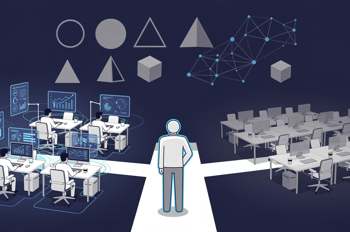 Abstract illustration depicting the tension between AI job replacement and augmentation narratives in professional workplace settings