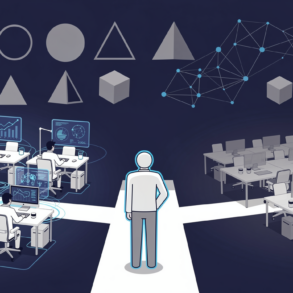 Abstract illustration depicting the tension between AI job replacement and augmentation narratives in professional workplace settings