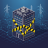 Illustration of data centre construction halt with barrier tape and power grid