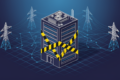 Illustration of data centre construction halt with barrier tape and power grid