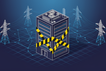 Illustration of data centre construction halt with barrier tape and power grid
