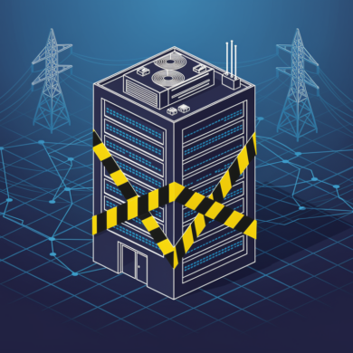 Illustration of data centre construction halt with barrier tape and power grid