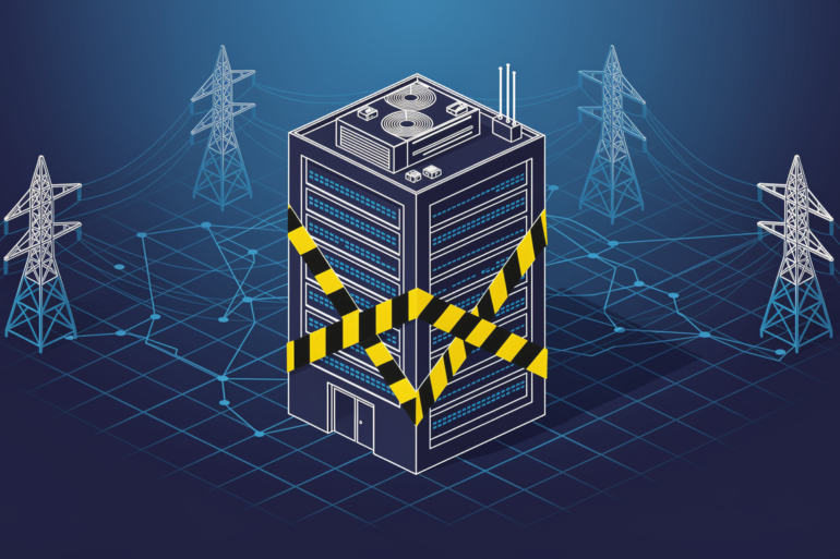 Illustration of data centre construction halt with barrier tape and power grid