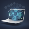 Editorial illustration of laptop computer with abstract processor architecture and AI neural network elements