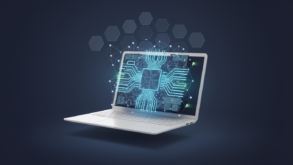 Editorial illustration of laptop computer with abstract processor architecture and AI neural network elements