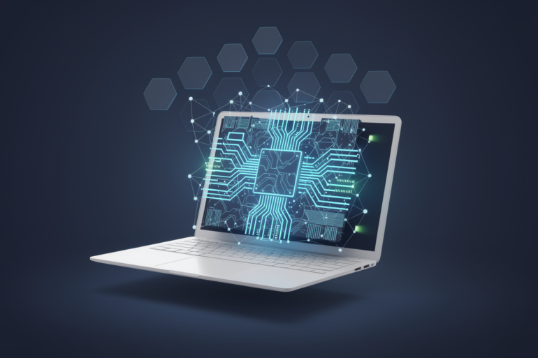 Editorial illustration of laptop computer with abstract processor architecture and AI neural network elements