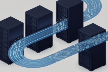 Abstract illustration of liquid-cooled data centre infrastructure showing server components and coolant flow systems