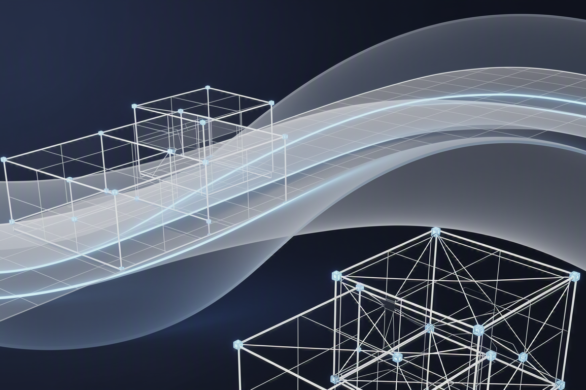 Abstract geometric illustration representing world model AI technology with intersecting grids and curved surfaces