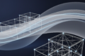 Abstract geometric illustration representing world model AI technology with intersecting grids and curved surfaces
