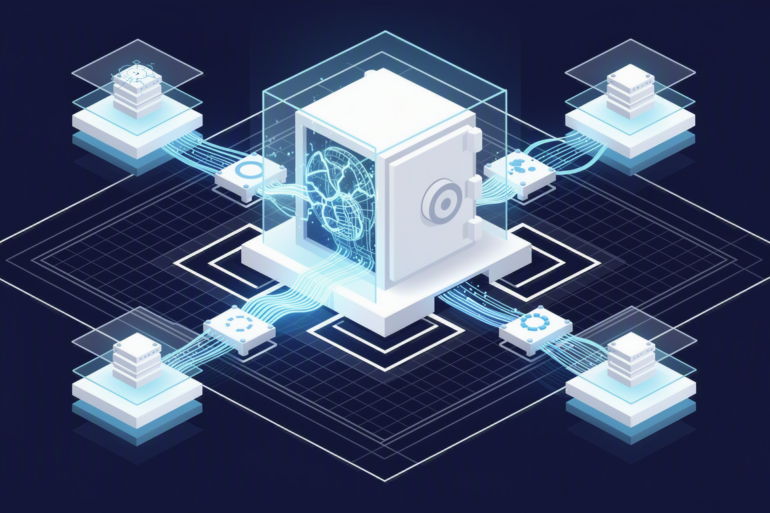 Abstract illustration of sovereign AI infrastructure with contained data flows and secure geometric boundaries