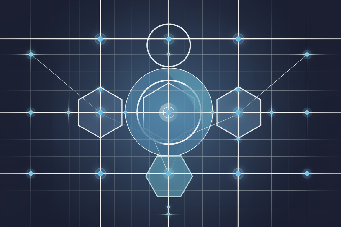 Abstract geometric illustration representing AI accuracy and deterministic systems with structured network of blue nodes on navy background