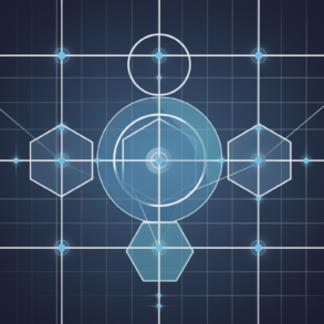 Abstract geometric illustration representing AI accuracy and deterministic systems with structured network of blue nodes on navy background