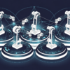 Abstract illustration of robotic systems and AI neural networks representing physical world artificial intelligence development