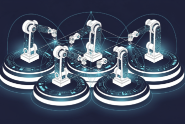 Abstract illustration of robotic systems and AI neural networks representing physical world artificial intelligence development