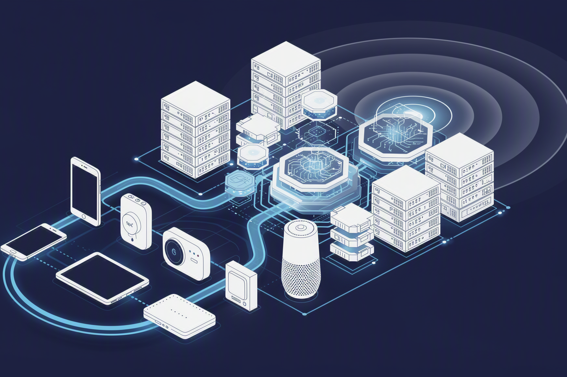 Illustration of AI-integrated telecommunications infrastructure showing network nodes, connected devices, and data flows in geometric composition