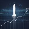 Editorial illustration depicting SpaceX IPO with rocket ascending through market data layers and orbital infrastructure elements