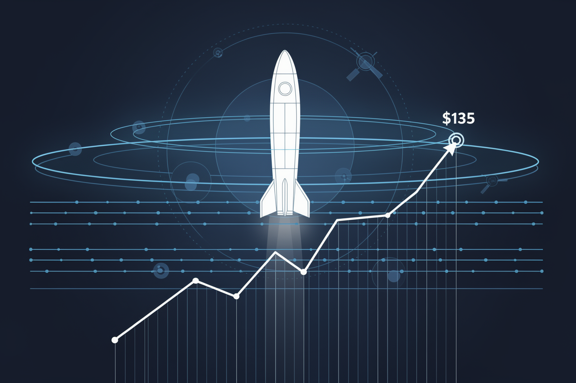 Editorial illustration depicting SpaceX IPO with rocket ascending through market data layers and orbital infrastructure elements