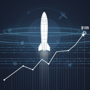 Editorial illustration depicting SpaceX IPO with rocket ascending through market data layers and orbital infrastructure elements