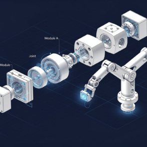 Modular robotic arm components in exploded view showing reconfigurable factory automation system architecture