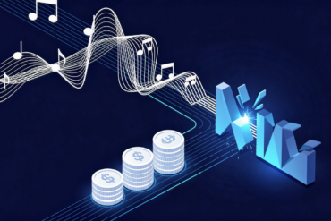 Editorial illustration depicting streaming music waveforms diverging between monetised and demonetised paths, representing Tidal's AI music policy
