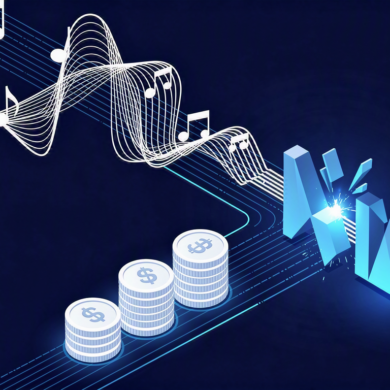 Editorial illustration depicting streaming music waveforms diverging between monetised and demonetised paths, representing Tidal's AI music policy