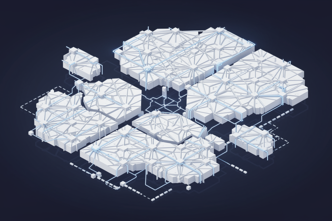 Abstract geometric illustration depicting AI systems being shut down, with interconnected network nodes fragmenting apart