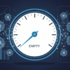 Editorial illustration depicting depleted budget meter surrounded by AI technology symbols representing enterprise spending constraints