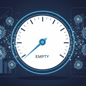 Editorial illustration depicting depleted budget meter surrounded by AI technology symbols representing enterprise spending constraints