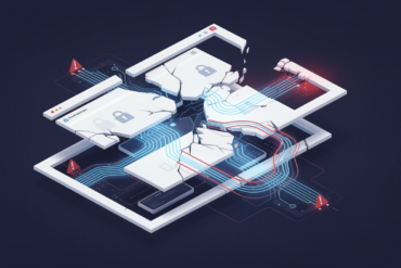 Abstract illustration depicting fragmented application architecture with security vulnerabilities in AI-generated code