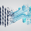 Abstract illustration depicting workforce transformation through AI automation with human figures transitioning to digital network patterns