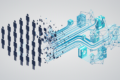 Abstract illustration depicting workforce transformation through AI automation with human figures transitioning to digital network patterns