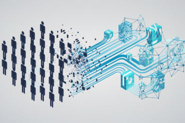 Abstract illustration depicting workforce transformation through AI automation with human figures transitioning to digital network patterns