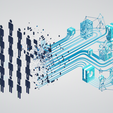 Abstract illustration depicting workforce transformation through AI automation with human figures transitioning to digital network patterns